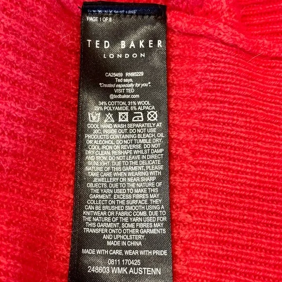 Ted Baker London Austenn Alpaca Wool Cable Knit Sweater Coral Red Top 1 XS-S - Picture 6 of 16